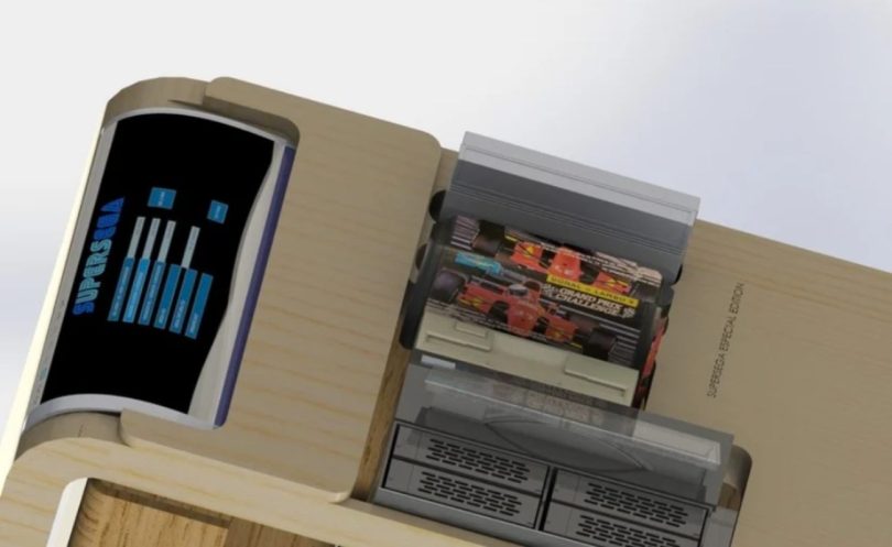 Vue de dessus d'un prototype 3D du SuperSega V3 montrant un châssis en bois clair avec un écran de contrôle intégré, des fentes pour cartouches Sega originales et une mention "SuperSega Especial Edition".