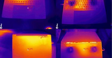 Quatre thermographies InfiRay de l'Acer Swift 16 AI (Panther Lake) montrant les températures de surface du clavier et de la base, au repos (haut) et en charge (bas).
