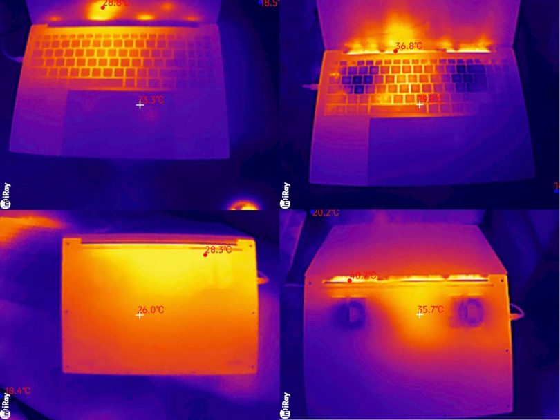 Quatre thermographies InfiRay de l'Acer Swift 16 AI (Panther Lake) montrant les températures de surface du clavier et de la base, au repos (haut) et en charge (bas).