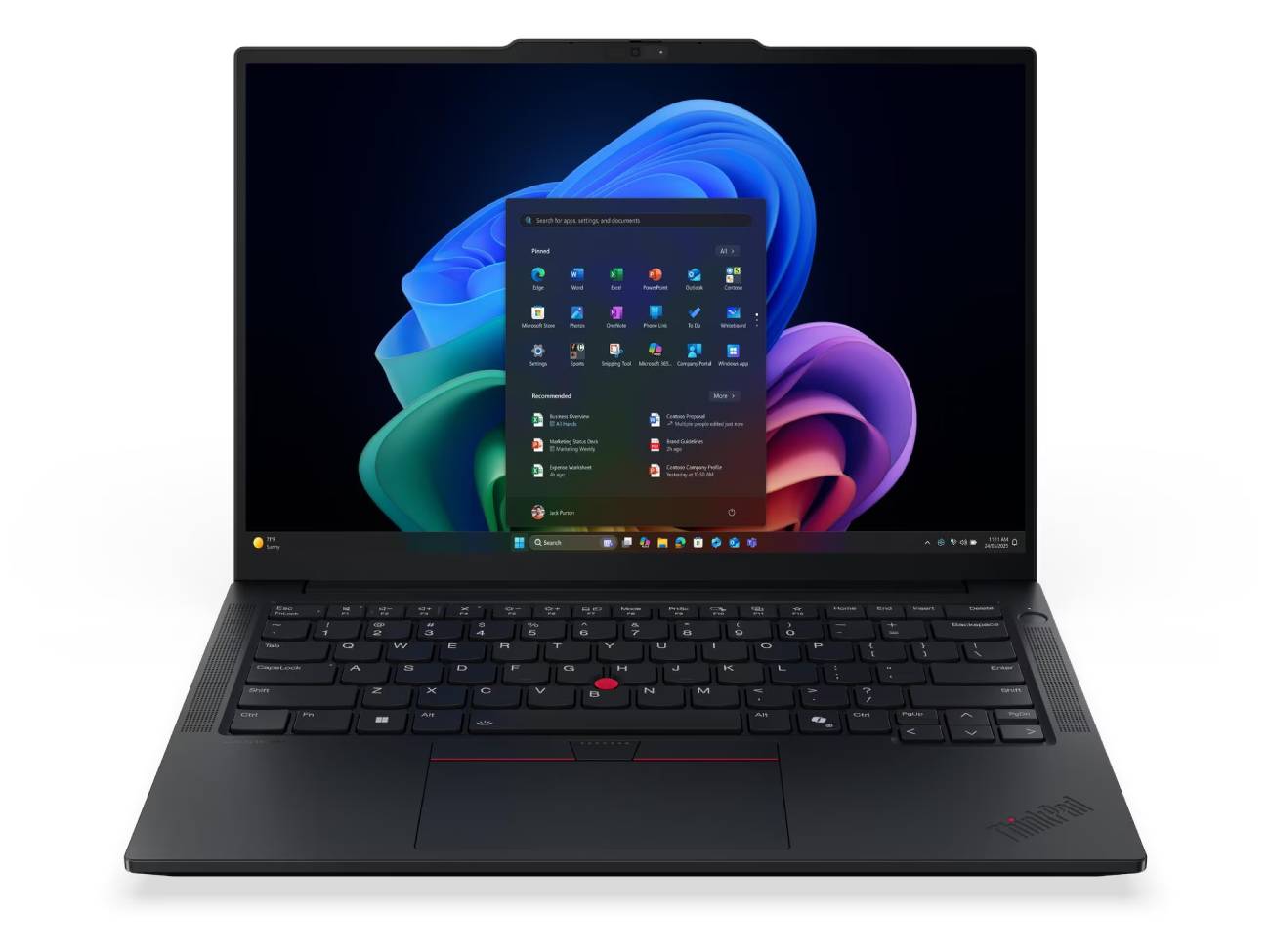 Ordinateur portable Lenovo ThinkPad E14 Gen 8 ouvert, vu de face, montrant le menu Démarrer de Windows 11 sur son écran de 14 pouces et son clavier caractéristique intégrant le TrackPoint rouge.