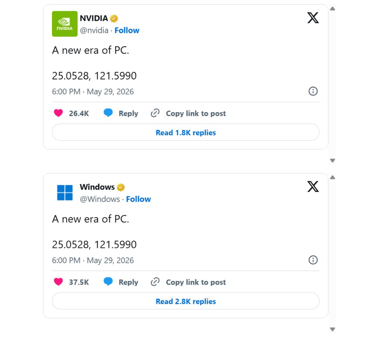 Capture d'écran de deux publications identiques sur le réseau social X provenant des comptes officiels de Nvidia et Windows. Les messages affichent le texte "A new era of PC." suivi des coordonnées géographiques 25.0528, 121.5990.