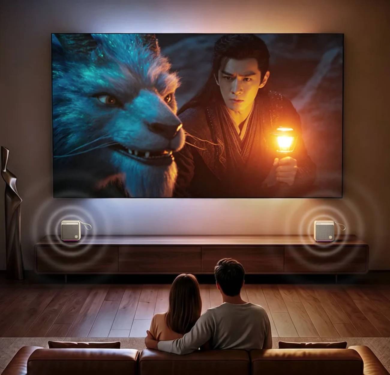 Deux enceintes Bluetooth Ugreen M3 beige appairées en stéréo gauche et droite de part et d'autre d'un grand téléviseur mural, couple assis sur un canapé regardant un film, illustrant la fonction Auracast et le mode stéréo multi-enceintes.