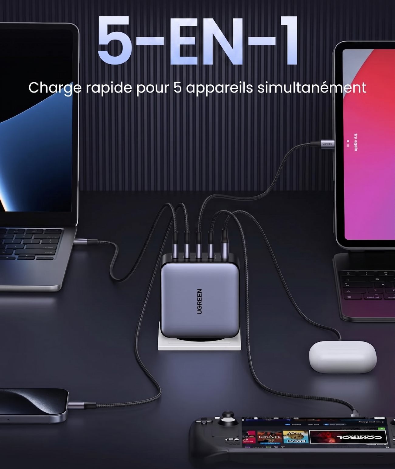 Démonstration visuelle marketing de la fonctionnalité 5-en-1 du chargeur UGREEN Nexode 100W avec bannière en français Charge rapide pour 5 appareils simultanément, mise en scène lifestyle d'un setup multi-devices moderne avec MacBook Pro à gauche iPad Pro avec Magic Keyboard à droite smartphone iPhone en bas à gauche console portable Steam Deck avec interface gaming au centre bas et boîtier d'écouteurs sans fil blancs à droite, tous connectés simultanément au chargeur UGREEN gris foncé via cinq câbles tressés UGREEN noirs, ambiance bureau créateur tech premium avec fond noir lambris vertical