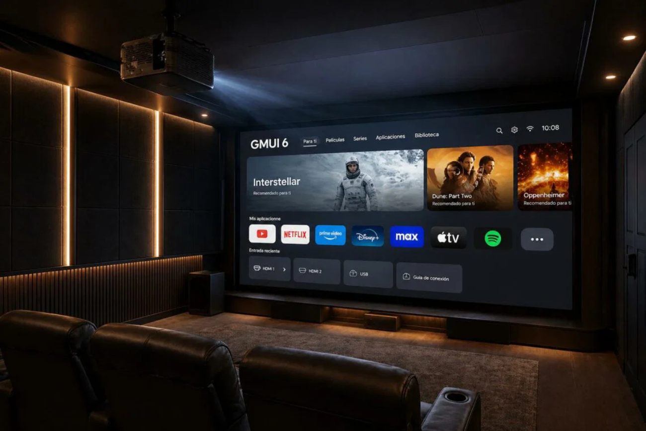 Vidéoprojecteur XGIMI X50 Ultra Max suspendu au plafond projetant l'interface GMUI 6 sur un grand écran mural dans une salle de home cinéma dédié avec fauteuils en cuir noir, panneaux acoustiques gris foncé et éclairage LED chaud indirect périphérique