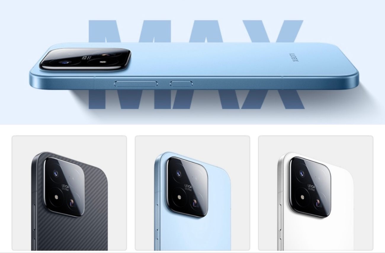 Visuel officiel du Xiaomi 17 Max présentant le profil ultra-fin en bleu clair et les trois variantes de finitions : fibre de carbone noir, bleu ciel et blanc immaculé, avec le module photo carré Leica.