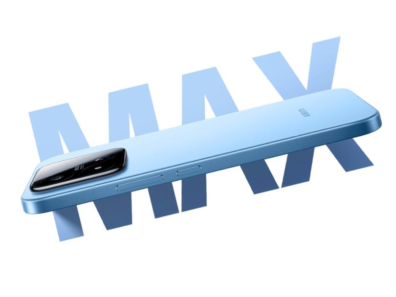 Visuel officiel du Xiaomi 17 Max en coloris bleu clair, montrant son profil ultra-fin, son écran plat géant et son module photo carré certifié Leica, sur un fond stylisé affichant le texte "MAX".