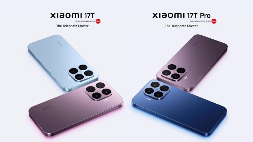 Matériel promotionnel officiel affichant les smartphones Xiaomi 17T et 17T Pro dans divers coloris (bleu, violet, rose). L'image met en évidence le module photo carré et le slogan "The Telephoto Master" co-conçu avec Leica.