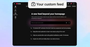 Interface YouTube affichant la fonctionnalité Your custom feed, avec un champ de saisie de prompt IA et des suggestions thématiques comme des entraînements sportifs ou des méditations guidées.