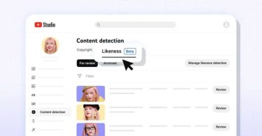 Capture d'écran de l'interface YouTube Studio montrant l'onglet "Content detection" avec la nouvelle option "Likeness (Beta)" sélectionnée. En dessous, trois exemples de miniatures vidéo d'une même créatrice aux cheveux roses illustrent la détection de ressemblance, accompagnés de boutons "Review".