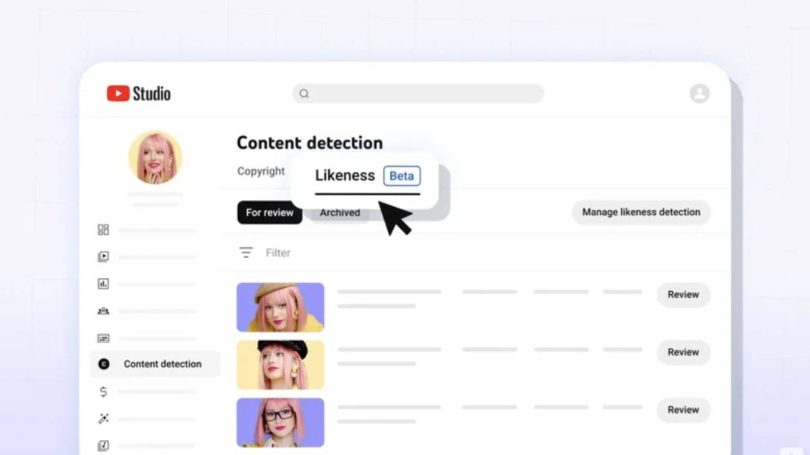 Capture d'écran de l'interface YouTube Studio montrant l'onglet "Content detection" avec la nouvelle option "Likeness (Beta)" sélectionnée. En dessous, trois exemples de miniatures vidéo d'une même créatrice aux cheveux roses illustrent la détection de ressemblance, accompagnés de boutons "Review".