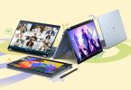Quatre ordinateurs portables Asus Vivobook S14 et S16 bleu pastel présentés dans différentes configurations (mode classique, tablette avec stylet, mode tente et vue de dos) sur un fond graphique jaune clair, mettant en valeur la flexibilité des charnières 360 degrés et l'éclat de leurs écrans OLED.