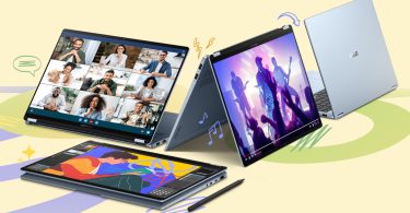 Quatre ordinateurs portables Asus Vivobook S14 et S16 bleu pastel présentés dans différentes configurations (mode classique, tablette avec stylet, mode tente et vue de dos) sur un fond graphique jaune clair, mettant en valeur la flexibilité des charnières 360 degrés et l'éclat de leurs écrans OLED.