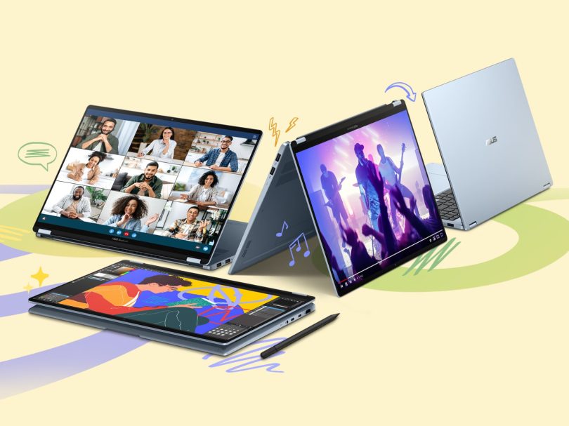 Quatre ordinateurs portables Asus Vivobook S14 et S16 bleu pastel présentés dans différentes configurations (mode classique, tablette avec stylet, mode tente et vue de dos) sur un fond graphique jaune clair, mettant en valeur la flexibilité des charnières 360 degrés et l'éclat de leurs écrans OLED.