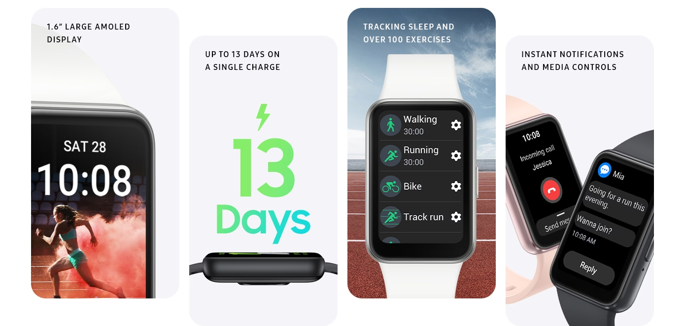 Infographie illustrant les quatre points forts du Samsung Galaxy Fit 3 : un grand écran AMOLED de 1,6 pouce, une autonomie allant jusqu'à 13 jours, le suivi du sommeil et de plus de 100 exercices, ainsi que l'affichage des notifications instantanées.