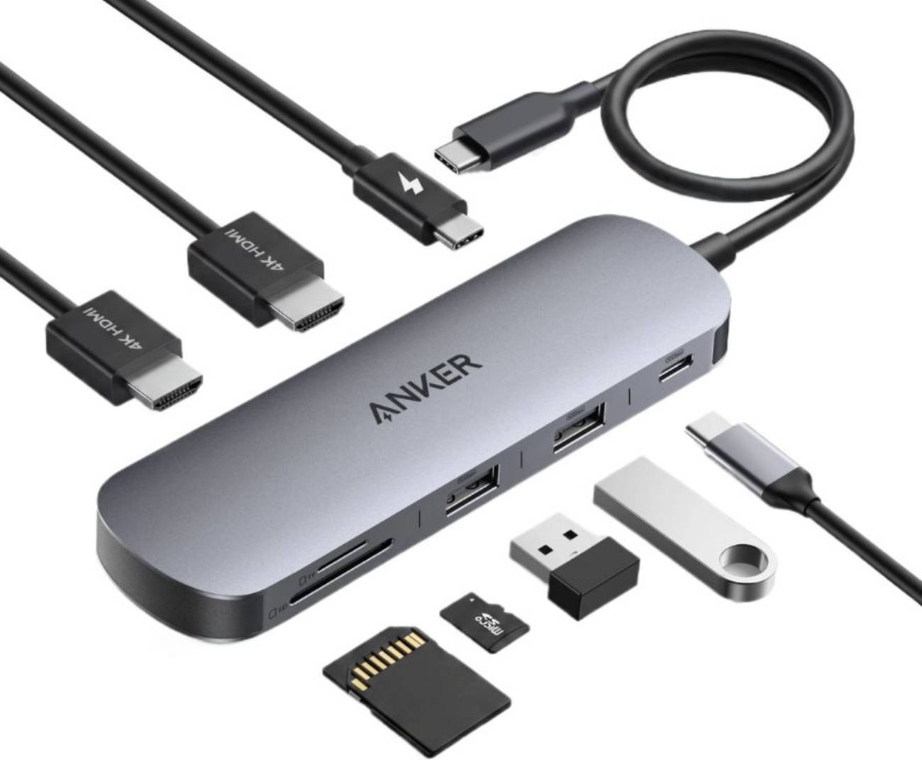 Vue détaillée en éclaté des connectiques du Hub USB-C 8-en-1 Nano d'Anker : deux câbles HDMI 4K, un câble USB-C PD, un câble USB-C data, ainsi que des périphériques connectés aux ports USB-A et aux lecteurs de cartes SD/MicroSD.