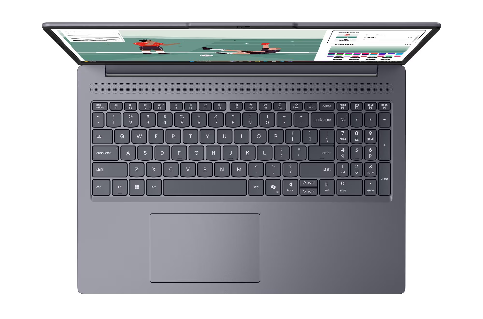 Vue de dessus de l'ordinateur portable gris Lenovo IdeaPad Slim 3 16IPH11 ouvert. On y voit son clavier complet avec pavé numérique et son large pavé tactile. L'écran affiche un logiciel de conception graphique (illustration de football), démontrant les capacités multitâches de l'appareil.