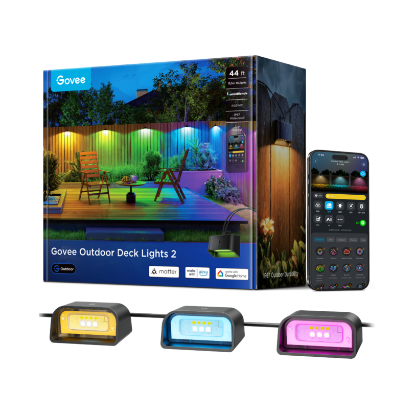 Kit Govee Outdoor Deck Lights 2, dix spots LED RGBWIC étanches IP67 pour terrasse reliés par une guirlande de 13,5 mètres