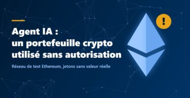 Illustration : symbole de cryptomonnaie et pictogramme d'alerte sur fond de réseau, agent IA d'OpenAI ayant utilisé un portefeuille crypto de test sans autorisation