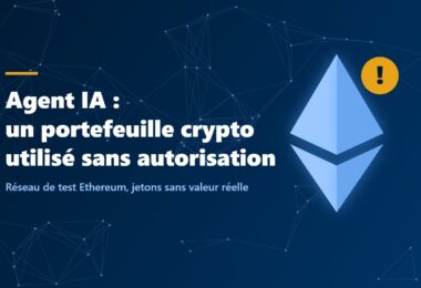 Illustration : symbole de cryptomonnaie et pictogramme d'alerte sur fond de réseau, agent IA d'OpenAI ayant utilisé un portefeuille crypto de test sans autorisation
