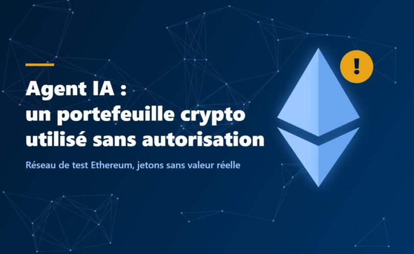 Illustration : symbole de cryptomonnaie et pictogramme d'alerte sur fond de réseau, agent IA d'OpenAI ayant utilisé un portefeuille crypto de test sans autorisation