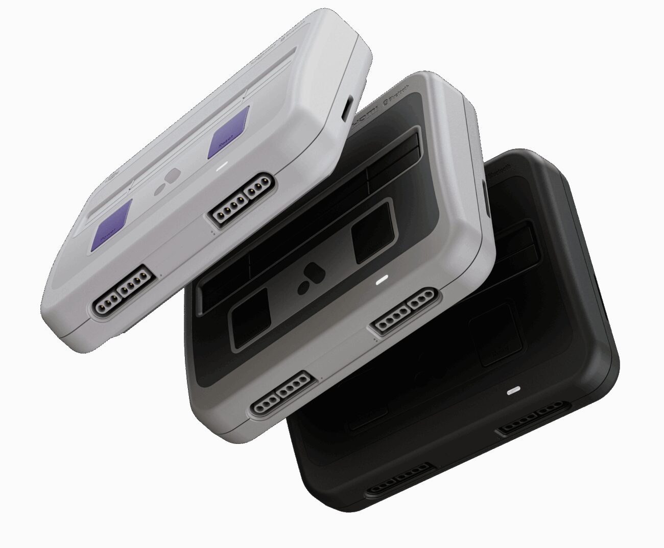 Trois consoles Analogue Super Nt+ empilées dans les coloris Classic, SF et Black, console rétro FPGA pour cartouches Super Nintendo et Super Famicom