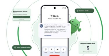 Smartphone Android entouré des alertes de sécurité et de confidentialité du système : appli dangereuse détectée, appel frauduleux coupé, position exacte, appareil marqué comme perdu, visuel Google traduit en français