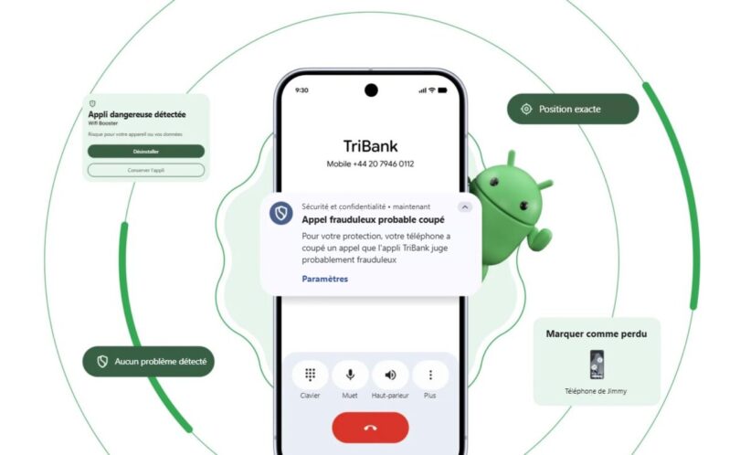 Smartphone Android entouré des alertes de sécurité et de confidentialité du système : appli dangereuse détectée, appel frauduleux coupé, position exacte, appareil marqué comme perdu, visuel Google traduit en français