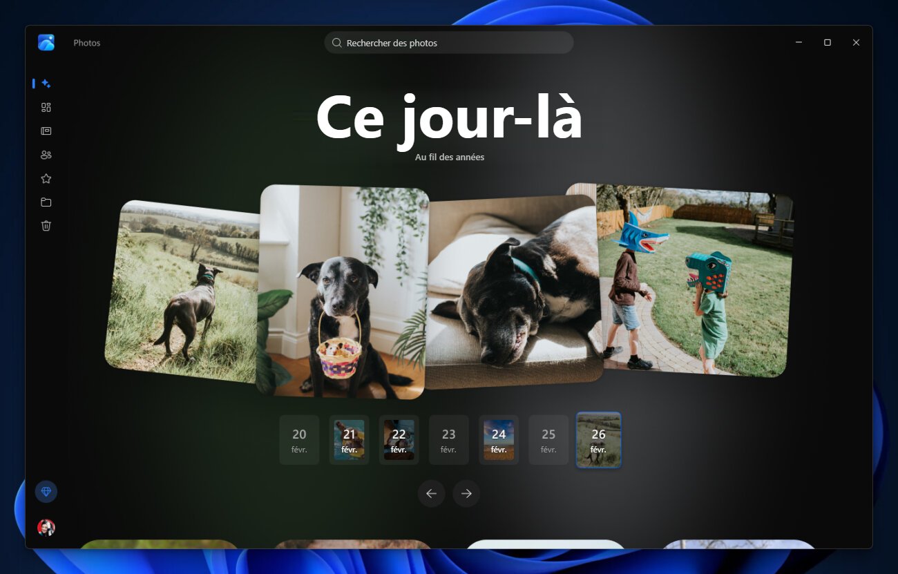 Écran « Ce jour-là » de la nouvelle application Photos de Windows 11, qui fait remonter les photos prises à la même date les années précédentes