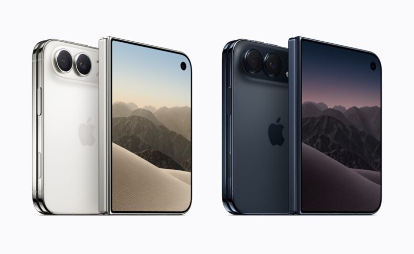 L'iPhone Duo, premier smartphone pliable d'Apple, en coloris blanc stellaire et ciel nocturne, avec son double appareil photo 48 Mpx et son écran externe de 5,4 pouces