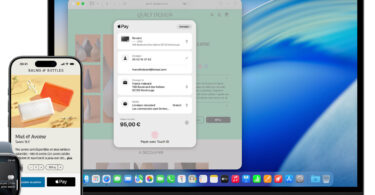 Apple Pay affiché sur un iPhone, une Apple Watch et un MacBook, le portefeuille d'Apple dont le Royaume-Uni veut ouvrir la puce NFC aux concurrents