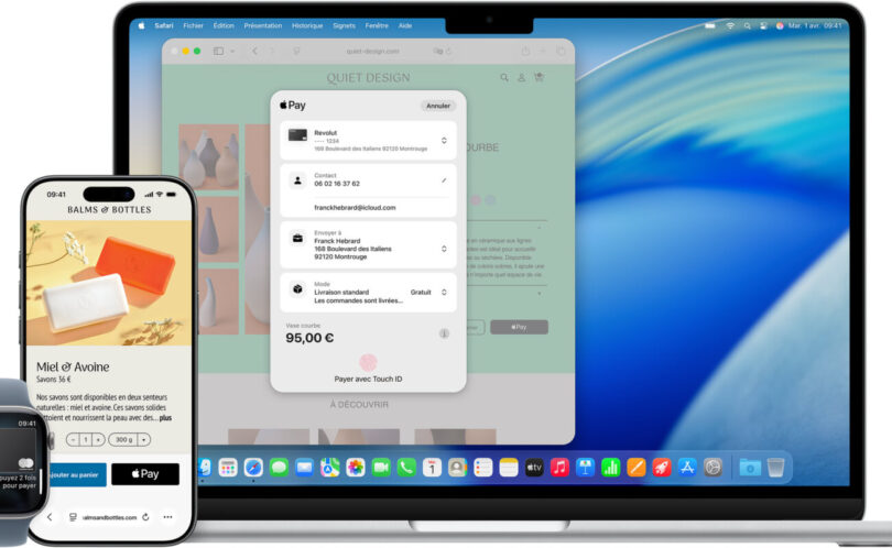 Apple Pay affiché sur un iPhone, une Apple Watch et un MacBook, le portefeuille d'Apple dont le Royaume-Uni veut ouvrir la puce NFC aux concurrents