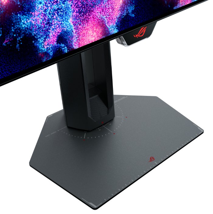 Pied et base hexagonale de l'Asus ROG Swift OLED PG259QWS Ace avec graduations pour retrouver la position de l'écran
