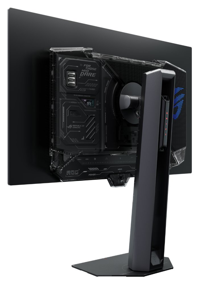 Asus ROG Swift OLED PG259QWS Ace vu de dos de trois quarts, avec la connectique regroupée au centre et le pied réglable