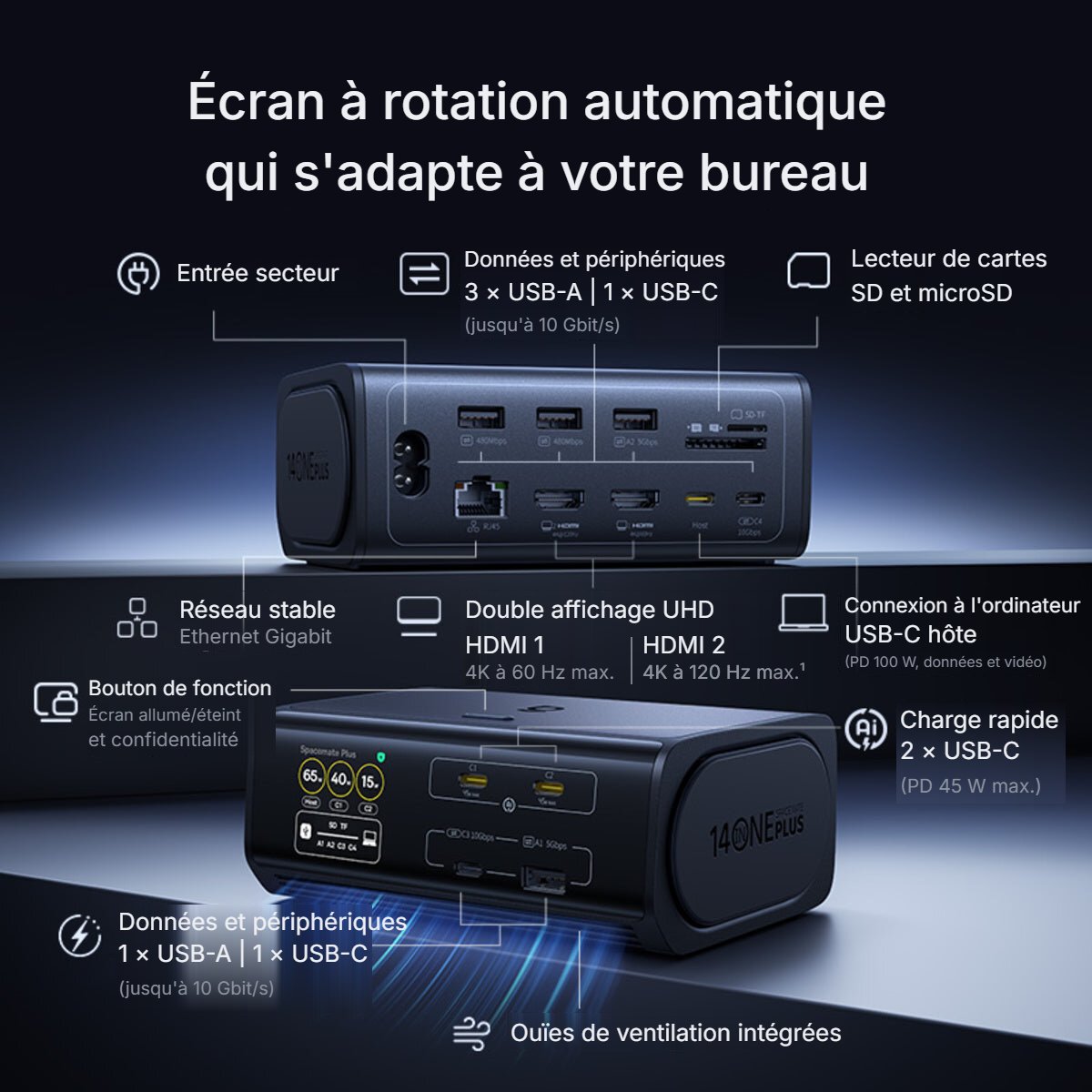 Schéma officiel traduit en français de la connectique du dock Baseus Spacemate RD1 Plus : entrée secteur, USB-A et USB-C à 10 Gbit/s, lecteur SD et microSD, Ethernet Gigabit, deux HDMI 4K et USB-C hôte 100 W