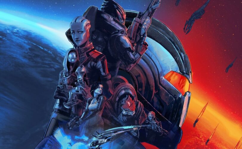 Illustration officielle de Mass Effect Édition Légendaire avec Liara, Garrus et l'équipage du Normandy, saga culte de BioWare, studio fermé par Electronic Arts