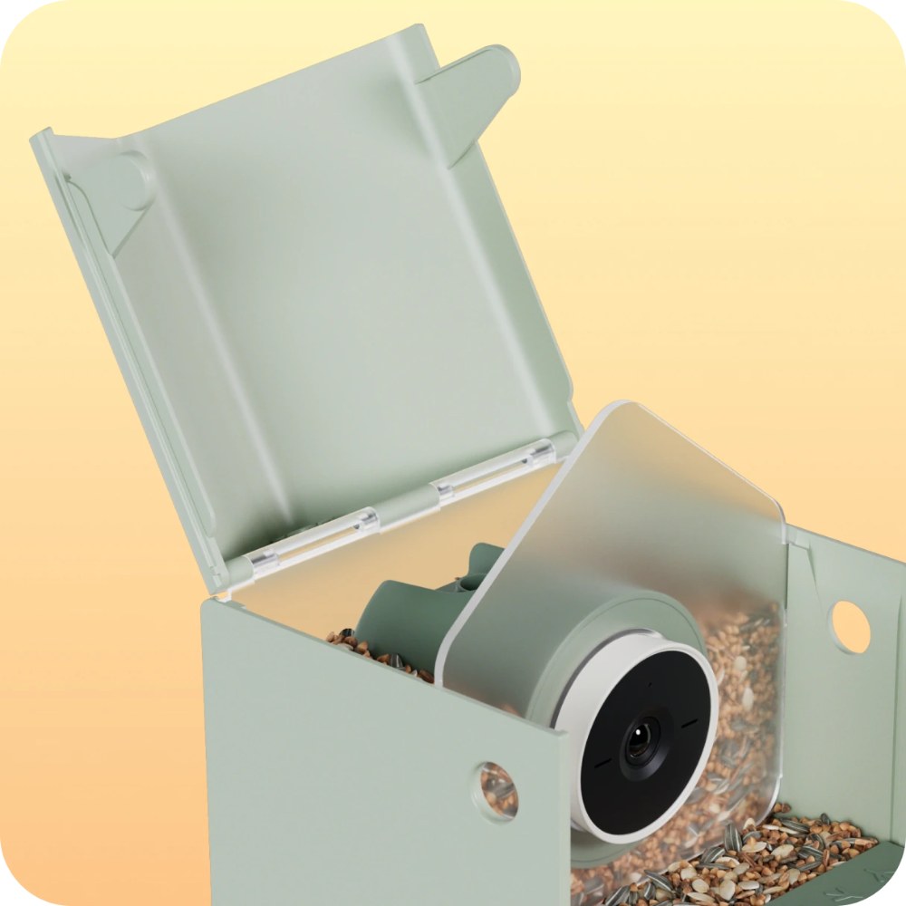 Birdbuddy Nook avec le toit relevé, montrant le compartiment à graines et la caméra amovible, visuel officiel Birdbuddy