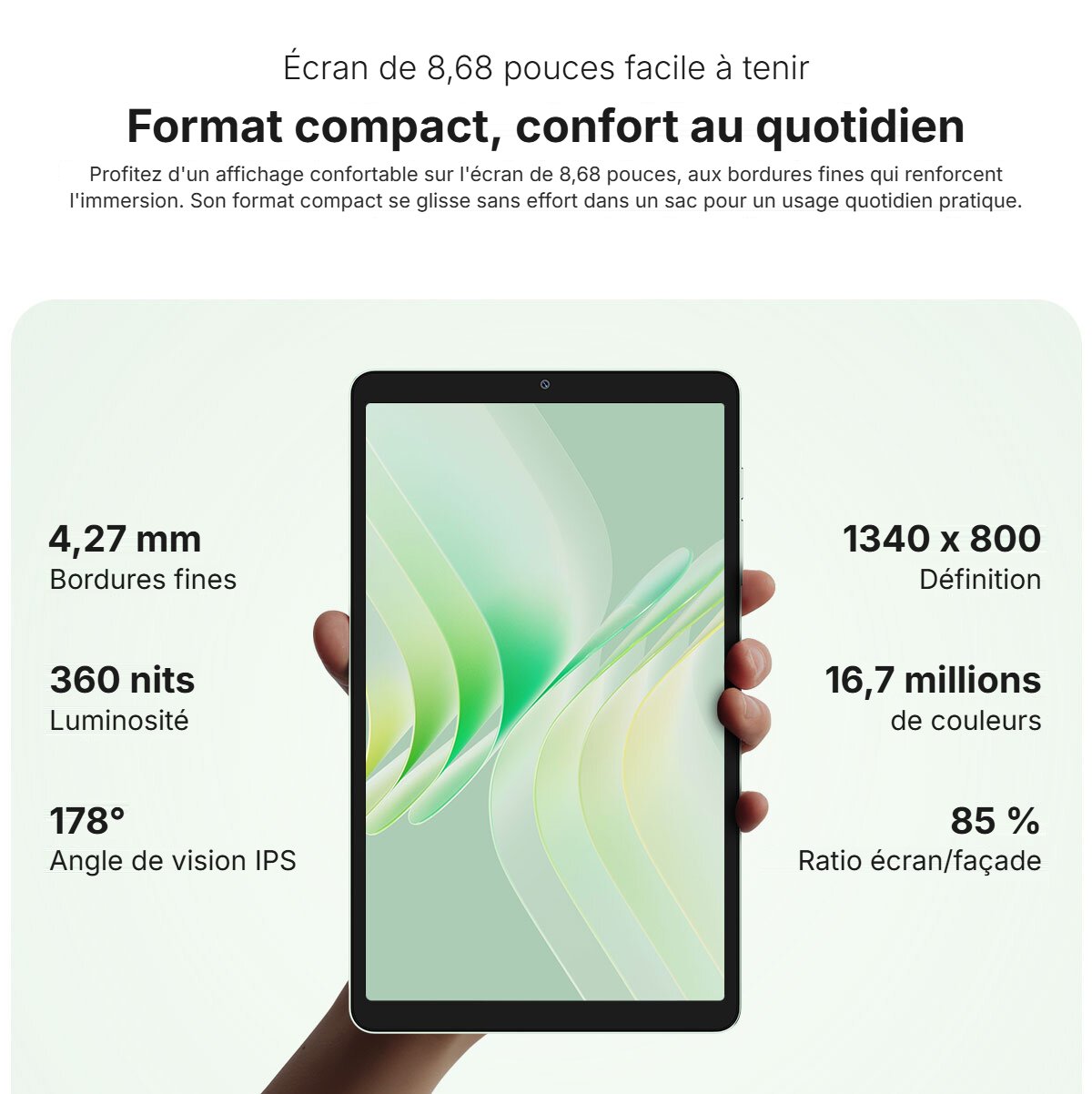 Écran IPS de 8,68 pouces de la tablette Blackview Zeno 2 avec ses caractéristiques : définition 1340 x 800, luminosité de 360 nits, 16,7 millions de couleurs, angle de vision de 178° et bordures de 4,27 mm