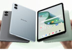 Tablette Blackview Zeno 2 de 8,68 pouces sous Android 16 tenue en main, vue de dos en gris, bleu et vert menthe et de face avec son écran IPS, puce Unisoc T310 et microSD jusqu'à 2 To