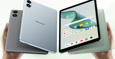 Tablette Blackview Zeno 2 de 8,68 pouces sous Android 16 tenue en main, vue de dos en gris, bleu et vert menthe et de face avec son écran IPS, puce Unisoc T310 et microSD jusqu'à 2 To