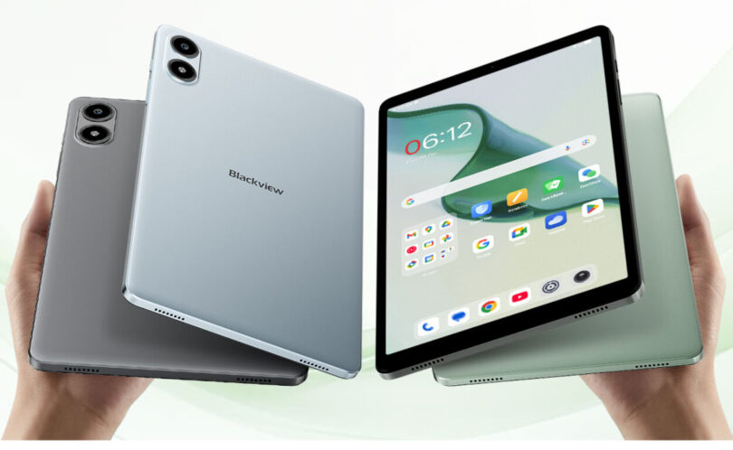 Tablette Blackview Zeno 2 de 8,68 pouces sous Android 16 tenue en main, vue de dos en gris, bleu et vert menthe et de face avec son écran IPS, puce Unisoc T310 et microSD jusqu'à 2 To