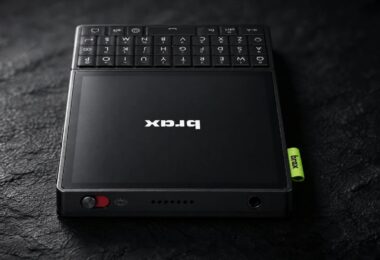Smartphone Brax Wink noir posé sur une surface sombre, avec son écran OLED de 4 pouces, son clavier QWERTY physique au-dessus et l'interrupteur de confidentialité rouge sur la tranche