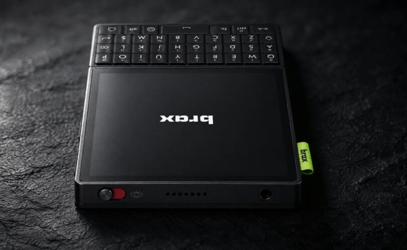 Smartphone Brax Wink noir posé sur une surface sombre, avec son écran OLED de 4 pouces, son clavier QWERTY physique au-dessus et l'interrupteur de confidentialité rouge sur la tranche