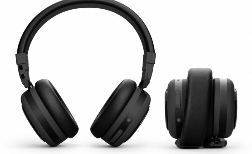 Casque Bluetooth TDM Neo coloris Onyx Black présenté à côté de son écouteur tourné en mode enceinte portable, sur fond blanc