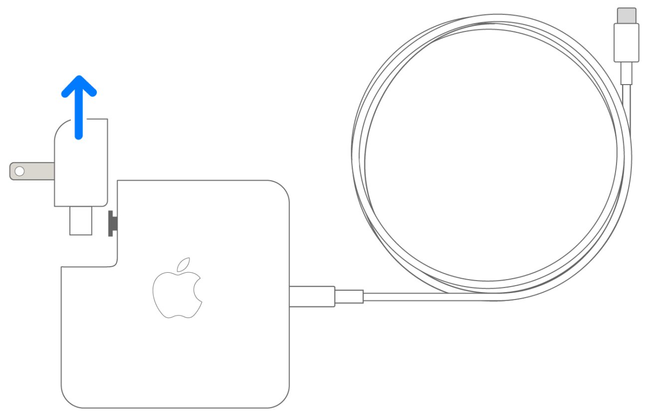 Schéma officiel Apple montrant comment retirer la tête de prise amovible d'un chargeur USB-C pour la remplacer par un adaptateur de voyage