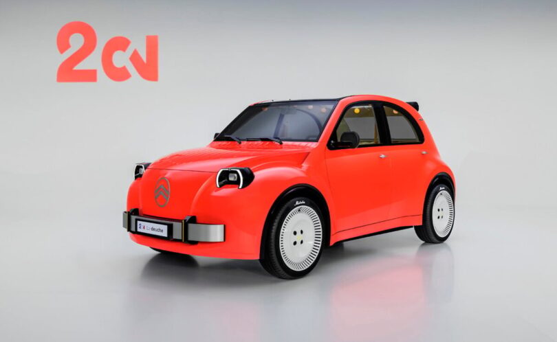 Citroën 2 CV Concept 100 % électrique présentée au Mondial de Paris 2026, vue de trois quarts avant avec phares ronds, jantes de 18 pouces et plaque numérique