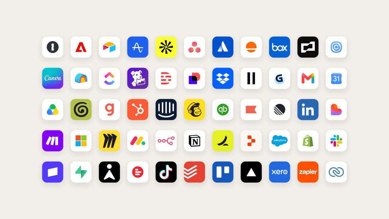 Logos des applications compatibles avec Claude Duet dont Gmail, Slack, Canva, HubSpot, QuickBooks, Shopify, LinkedIn, Notion, Dropbox, Salesforce, Xero et Zapier