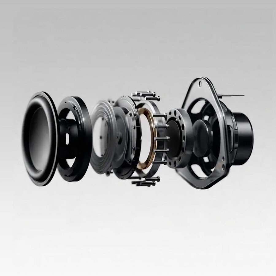 Vue éclatée du haut-parleur large bande de 45 mm de la CMF Speaker S de Nothing avec sa membrane, sa bobine et son aimant