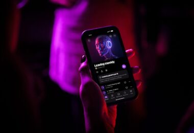 Main tenant un smartphone affichant l'application Deezer en français sur un album marqué Contenu généré par IA, dans une ambiance rouge et violette