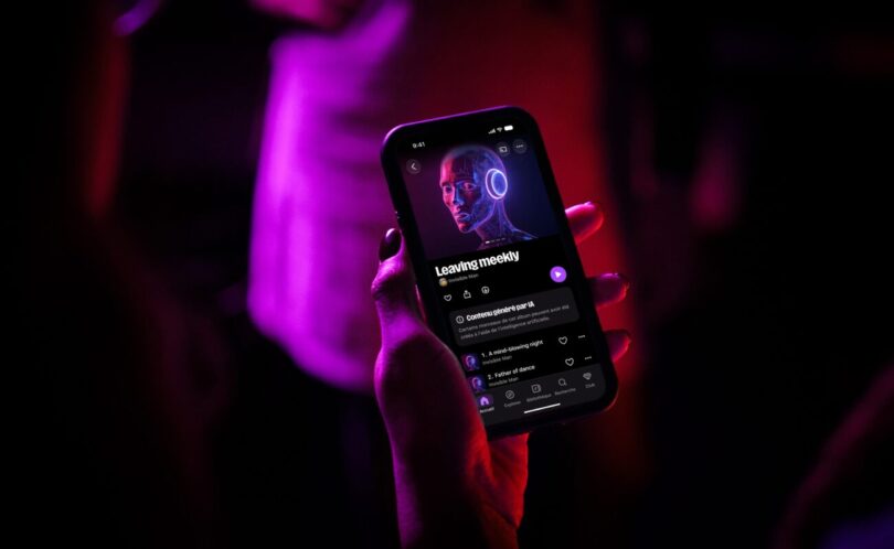 Main tenant un smartphone affichant l'application Deezer en français sur un album marqué Contenu généré par IA, dans une ambiance rouge et violette