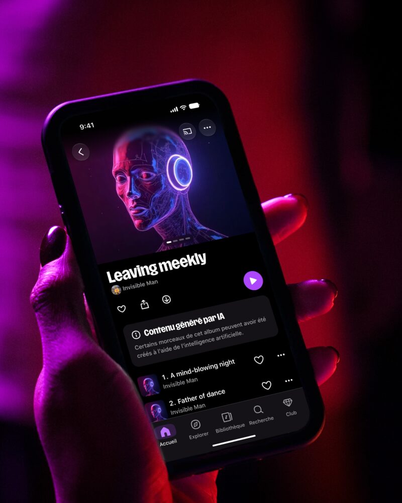 Gros plan sur l'écran d'un smartphone affichant l'application Deezer en français, avec l'encart Contenu généré par IA sous le titre d'un album